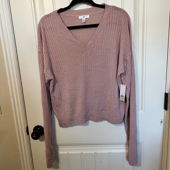 BP Women's 2X Pink Ribbed Knit V-Neck Long Sleeve Cropped Pullover Sweater - Picture 1 of 9